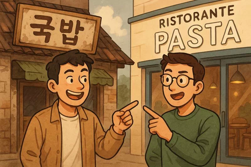 맛집 기준 때문에 서로 다른 식당을 가리키며 고민하는 두 친구