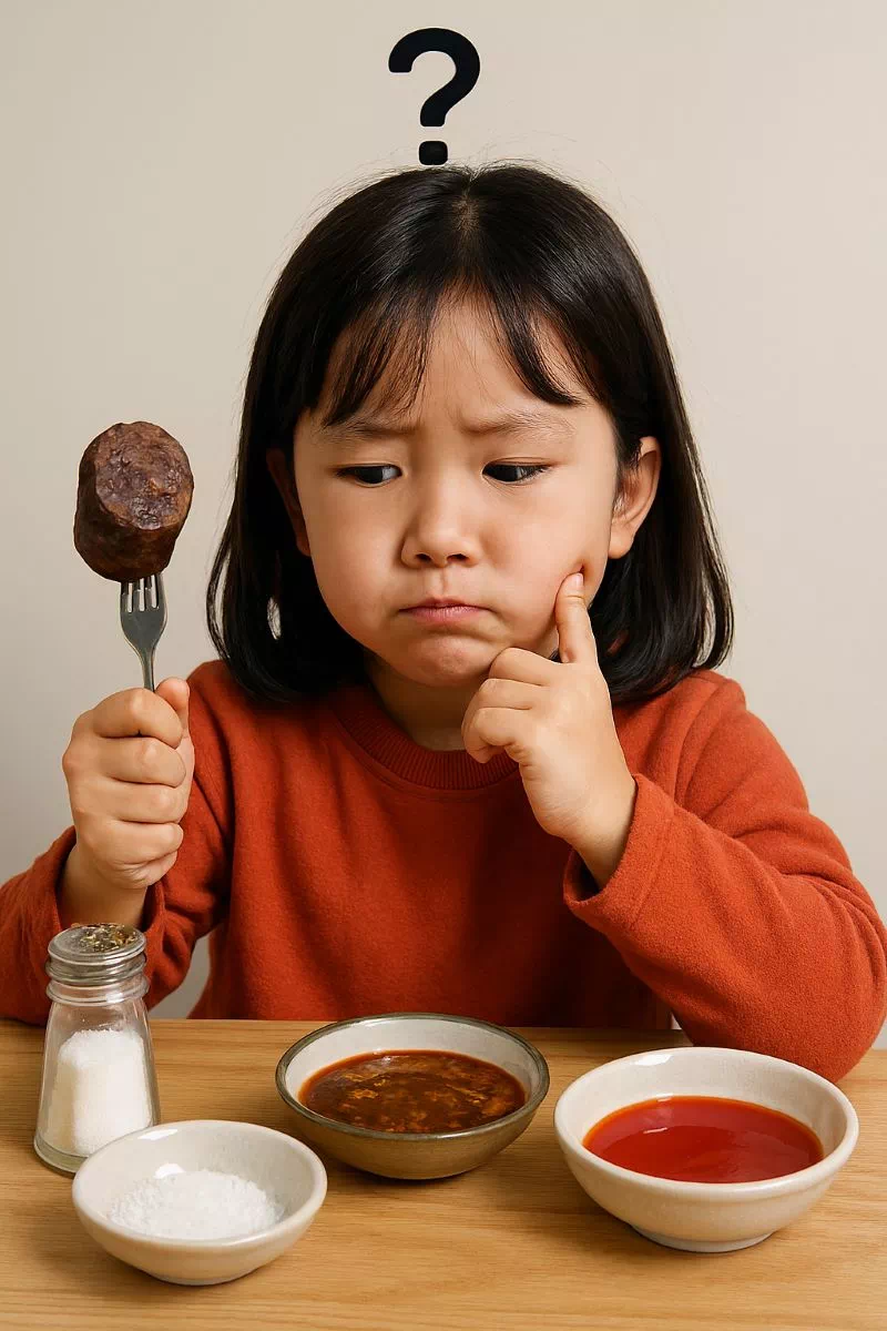 순대 소스를 앞에 두고 고민에 빠진 귀여운 소녀.