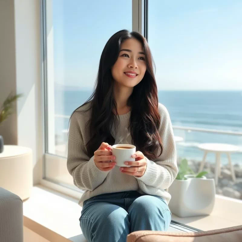 창가에 앉아 바다를 바라보며 휴식하는 여성의 모습. 혼자 여름휴가를 즐기며 평온해 보인다.