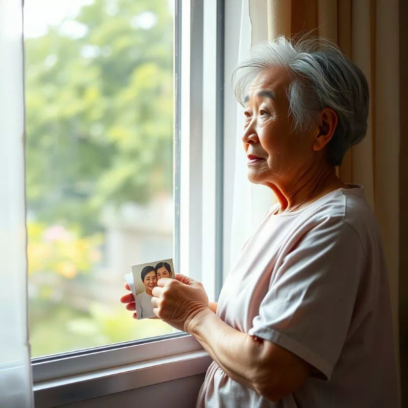 요양 병원 병실 창밖을 바라보며 가족을 기다리는 어머니의 모습