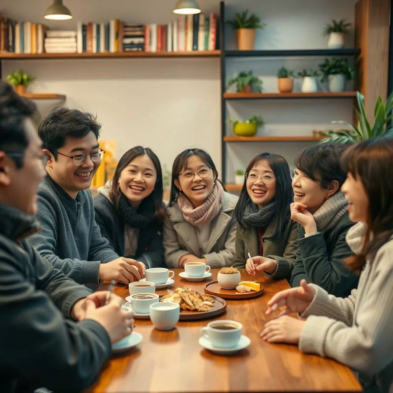 직장 동료들과 대화하며 술자리 험담 대처법을 사용하는 모습