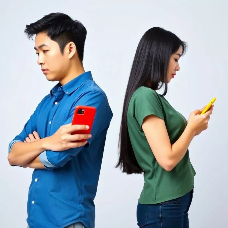 정치 성향 다른 연인의 갈등을 상징하는, 등을 돌린 채 각기 다른 색의 스마트폰을 보는 남녀 이미지