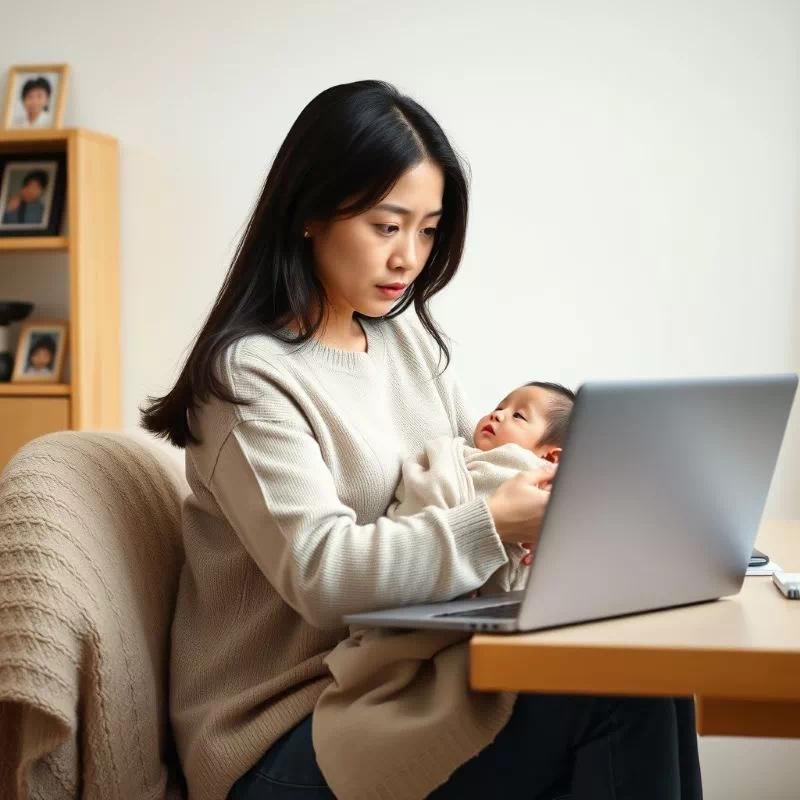아기를 안고 복잡한 표정으로 노트북을 바라보는 엄마의 모습, 육아 휴직 복귀 고민을 상징