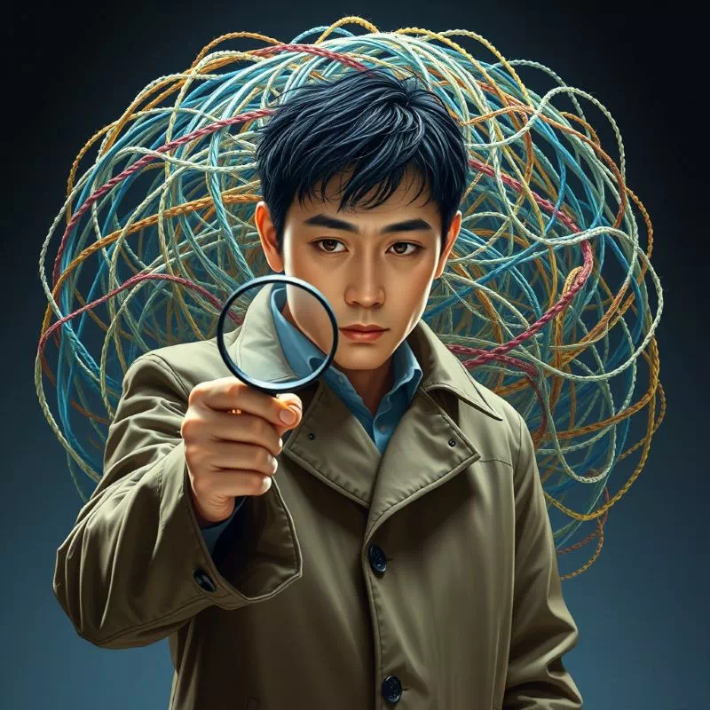 복잡하게 얽힌 실타래 앞에서 돋보기를 들고 단서를 찾는 탐정의 모습. 인간관계 거리두기의 어려움을 해결하려는 의지를 상징.