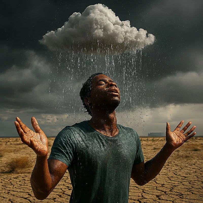 2035년 미래 교과서: '날씨 조종 능력'이 불러온 10년간의 대혼란 기록 날씨 조종 능력으로 가뭄 속에서 기적처럼 비를 내리는 모습 - 상상실험