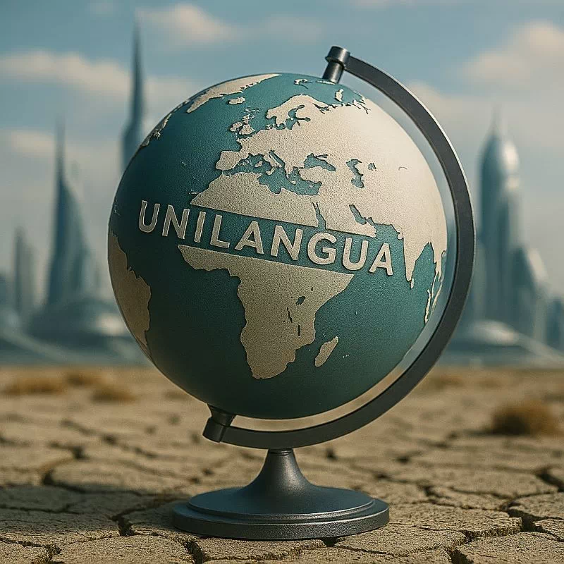 2084년 미래 교과서: 언어 통일이 불러온 침묵의 시대 전 세계 언어 통일 50년 후 미래 시나리오를 상징하는 이미지