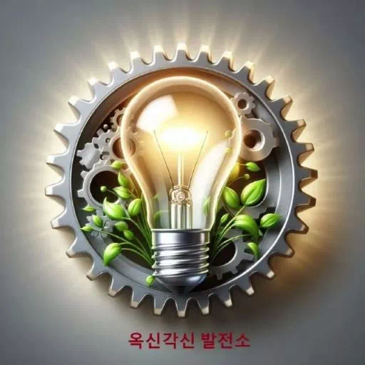 옥신각신 발전소 로고: 다양한 의견 대립 속 생각 발전을 상징하는 톱 네 바퀴, 전구, 새싹 일러스트
