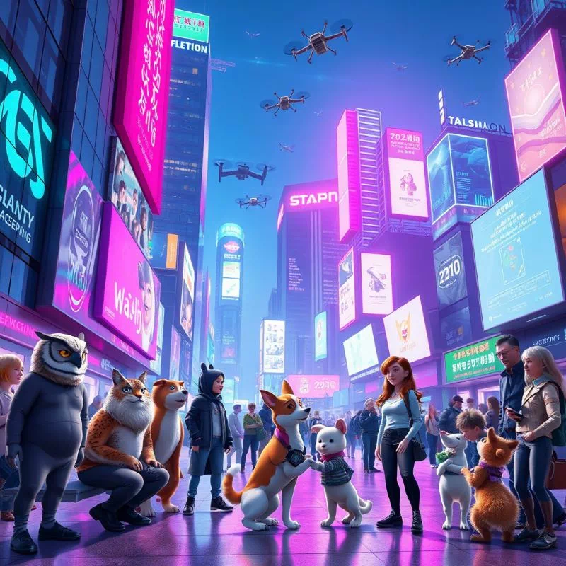 만약 동물이 말을 한다면? | 상상 그 이상의 대혼란 시나리오 4가지 만약 동물이 말을 한다면 펼쳐질 미래 도시, 광장에서 인간과 다양한 동물들이 대화하는 모습.