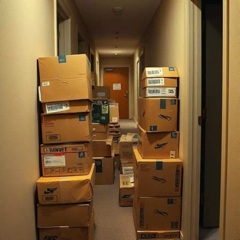 이웃 택배 민폐, 스트레스 없는 현명한 해결법 이웃 택배 민폐 문제로 아파트 복도에 위태롭게 쌓인 택배 상자 더미