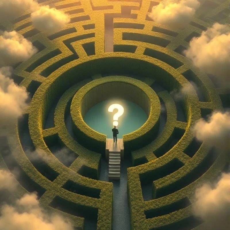 삶의 의미 찾기, 질문을 바꿔 미로를 탈출하는 지혜를 상징하는 이미지