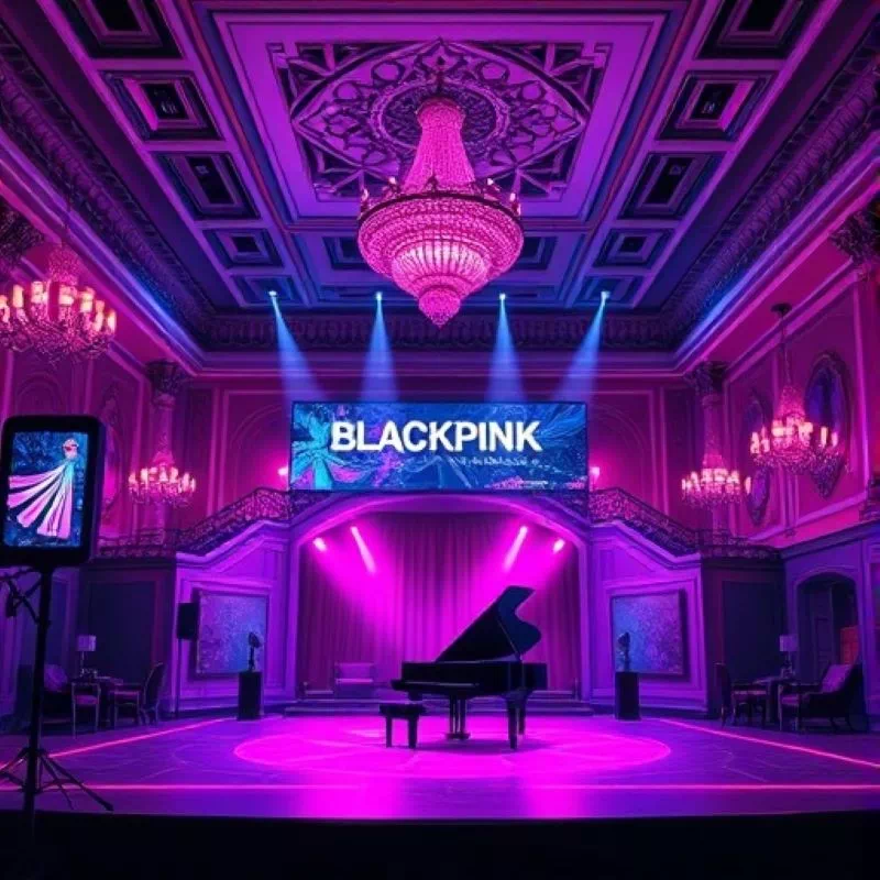 블랙핑크 브랜딩 분석을 위한 가상 무대 이미지: 쇼팽의 살롱과 현대 콘서트홀 융합