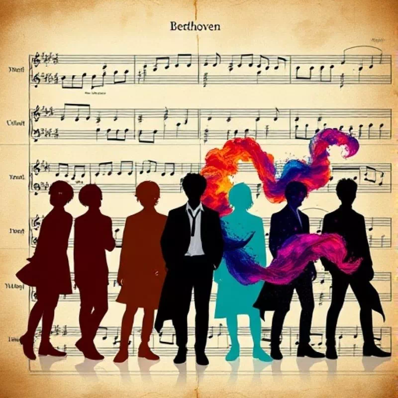 베토벤의 악보 위로 겹쳐지는 방탄소년단 스토리텔링의 상징적 이미지