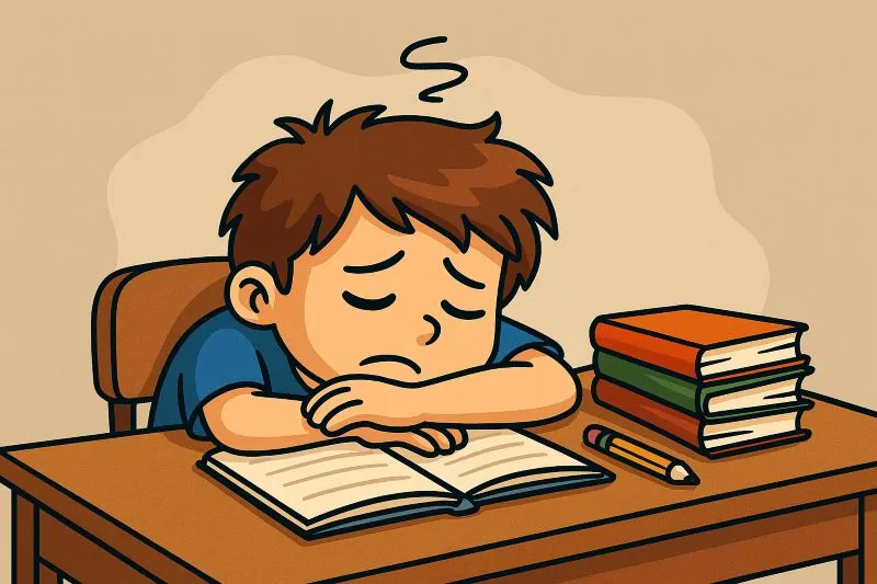 대한민국 교육 문제로 인해 학업 스트레스에 지쳐 책상에 엎드려 있는 아이의 모습