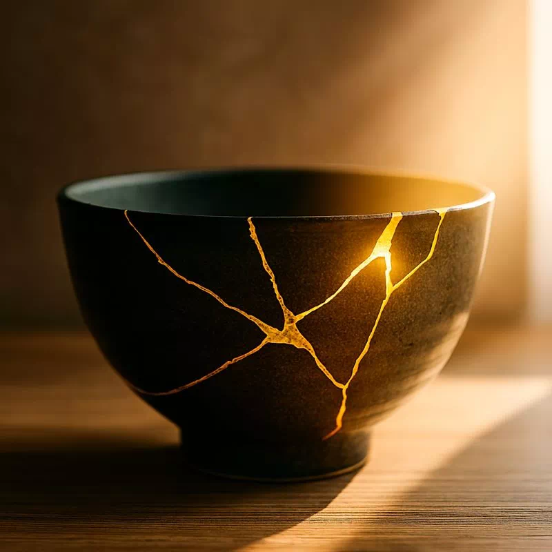 "상처는 빛이 들어오는 곳이다": 루미 명언으로 배우는 상처가 빛이 되는 순간, 3가지 통찰 금이 간 틈으로 황금빛이 새어 나오는 도자기. '상처는 빛이 들어오는 곳이다'라는 루미 명언을 상징.