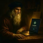 AI 창의력, 다빈치의 질문 기술 AI 창의력을 고민하는 레오나르도 다빈치가 ChatGPT를 만나 '질문의 기술'에 대한 통찰을 얻는 장면