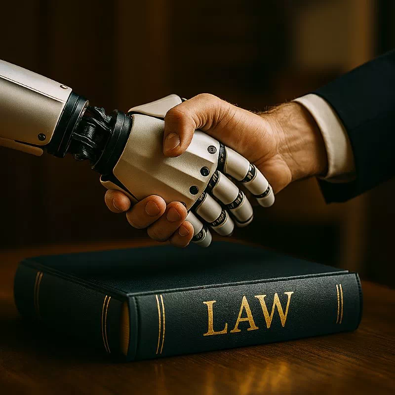AI 글쓰기 저작권 7가지 핵심 쟁점을 상징하는 로봇 손과 인간의 손이 법전 위에서 악수하는 모습