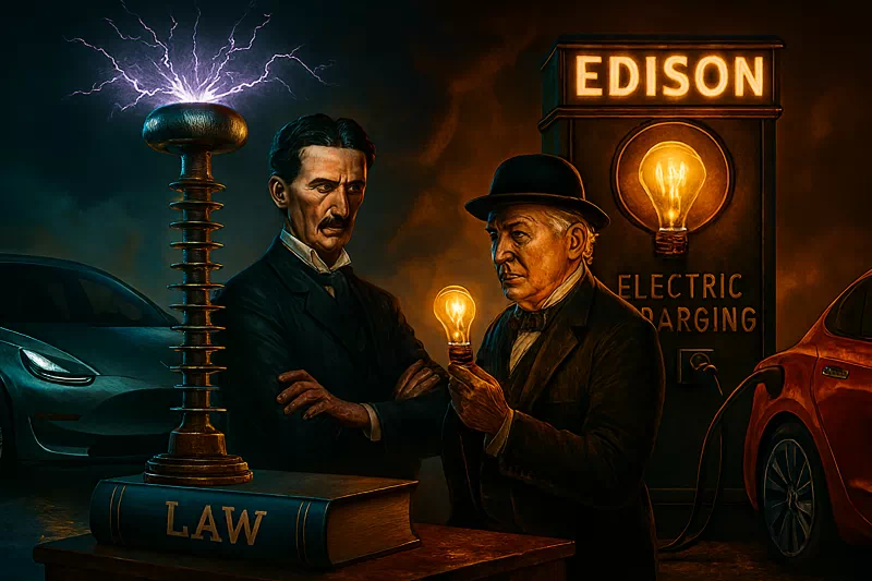 테슬라의 무선 충전 코일과 에디슨의 유선 충전소가 대치하는 테슬라 에디슨 전기차 전쟁의 미래