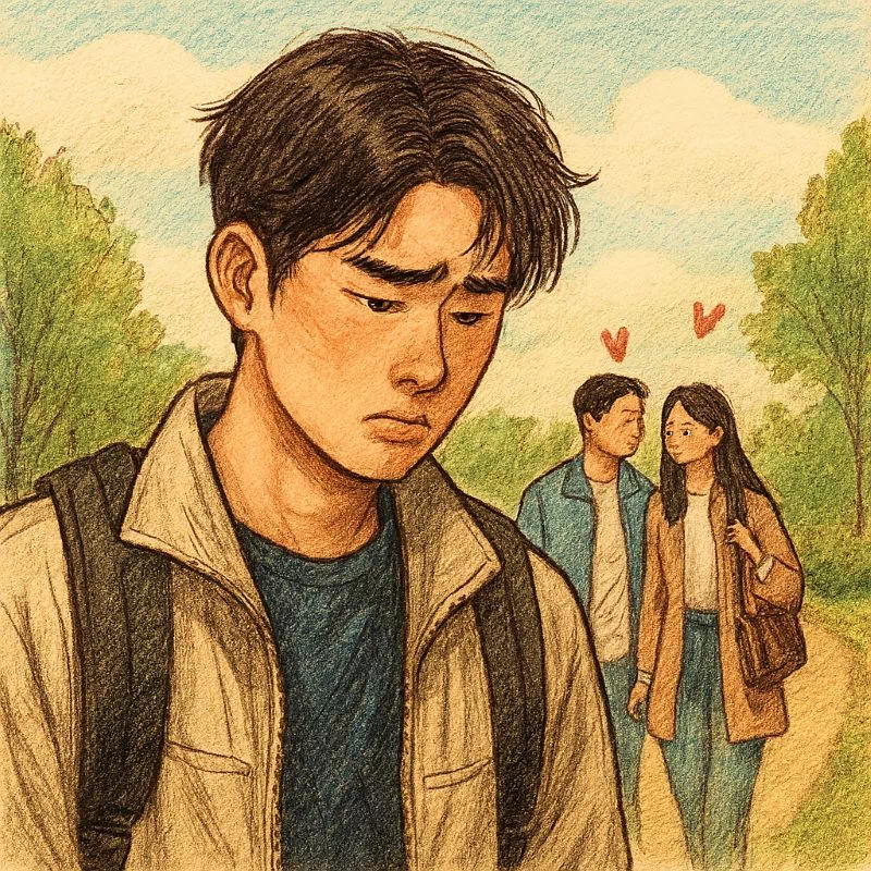 친구가 내 연인 좋아할 때, 우정과 사랑의 갈림길에서 고민하는 모습 일러스트