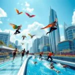 인간이 동물 능력을 갖는다면: 하늘을 자유롭게 날아다니고, 땅 위를 빠르게 달리며, 물속을 유영하는 능력을 지닌 다양한 사람들이 조화를 이루는 미래 도시 풍경