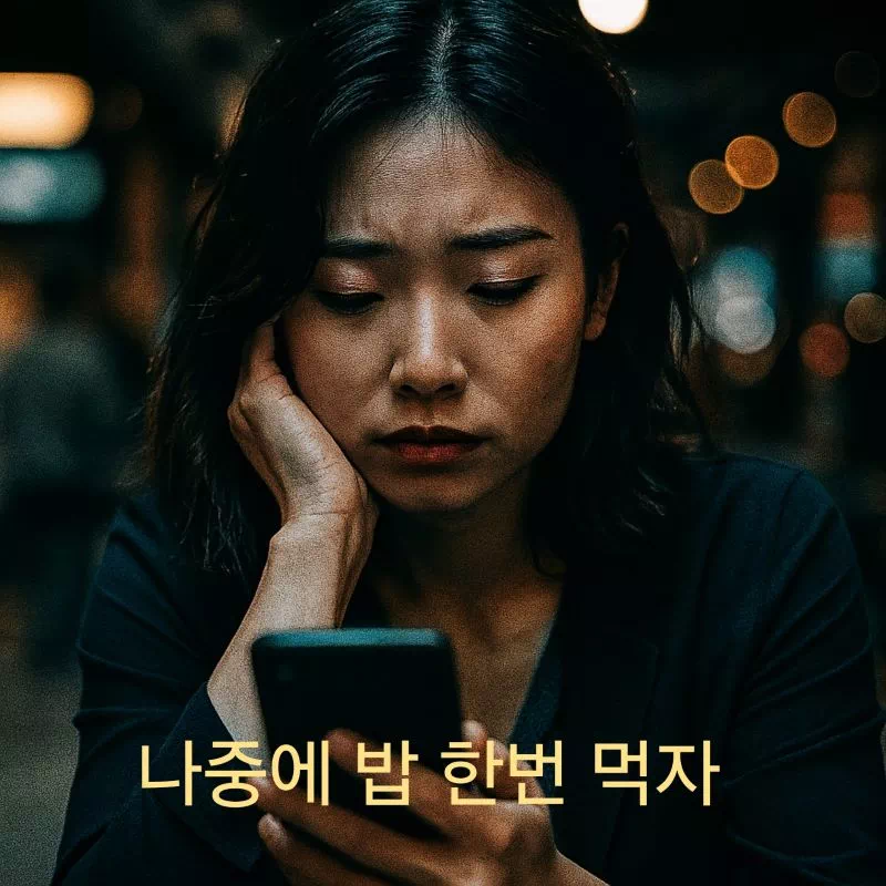 인간관계 피로에 지친 직장인, 스마트폰 메신저 창의 "나중에 밥 한번 먹자" 메시지를 보며 자신의 존재 가치를 고민하는 고독한 모습.