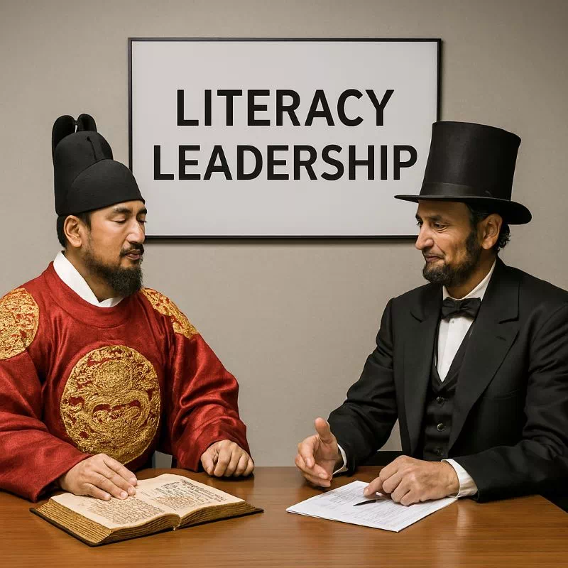 문해력 리더십 회의실에서 세종대왕과 링컨이 OCL 홀로그램을 두고 토론하는 모습.