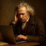 집중력 높이는 음악, 왜 베토벤은 아직도 통할까 집중력 높이는 음악을 찾으며 현대적인 노트북 앞에서 깊이 고뇌하는 베토벤 플레이리스트 가상 모습. 창작의 고통과 집중의 어려움이라는 인간적인 면모를 상징하는 이미지.