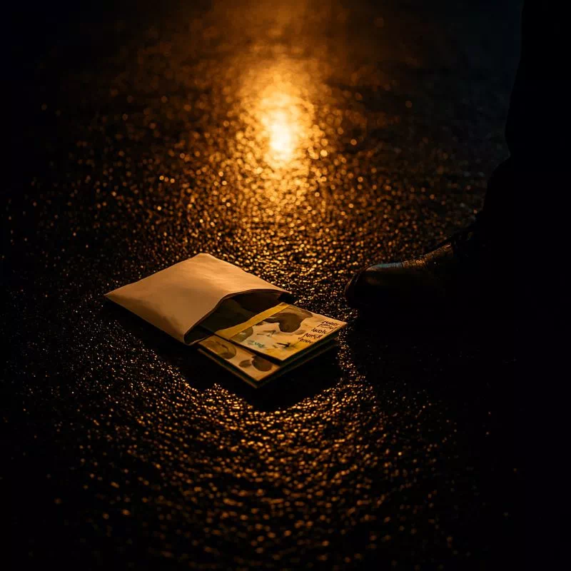 어두운 밤 비에 젖은 길 위에 떨어진 돈 봉투를 발견하고 주운 돈 신고를 고민하는 상황을 암시하는 이미지