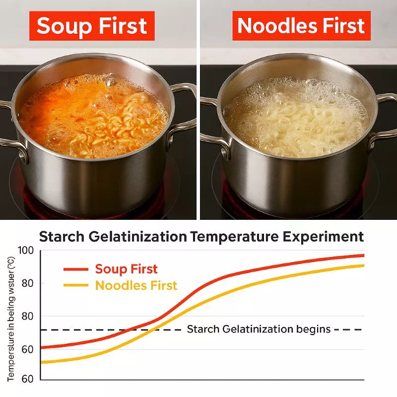 라면 스프 먼저 vs 면 먼저: 끓는 냄비 속 30초의 대결, 전분 호화 온도 실험 그래프