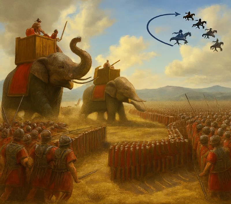 텍스트 [한니발 스키피오 전략] 가상 시뮬레이션 전술 지도: 코끼리 돌격 대 스키피오 통로 대형 역포위 전략