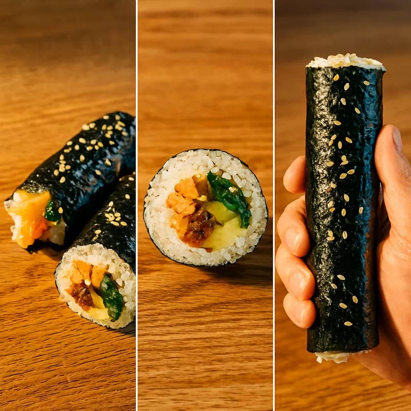 김밥 꼬다리 논쟁, 꼬다리, 정중앙, 통김밥 세 가지 방식으로 먹는 모습 비교 사진