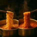 꼬들라면 vs 퍼진면 과학적 분석 꼬들라면 vs 퍼진면 논쟁, 양은냄비 속 꼬들꼬들한 면과 퍼진 면의 식감 대비 사진