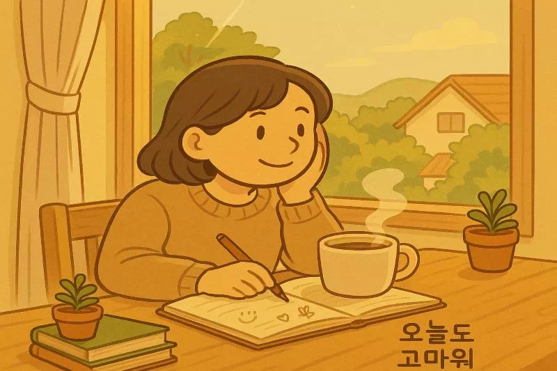 무기력 극복 후, 창가의 햇살과 따뜻한 차 한 잔으로 평온을 찾는 모습