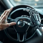 자율주행차 윤리 딜레마, 통제권을 쥐려는 인간의 손과 로봇의 손이 운전대 위에서 교차하는 이미지