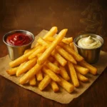 감자튀김 소스 더미와 양쪽에 놓인 붉은 케첩 및 흰색 마요네즈 소스를 과학적으로 분석하는 듯한 실사 이미