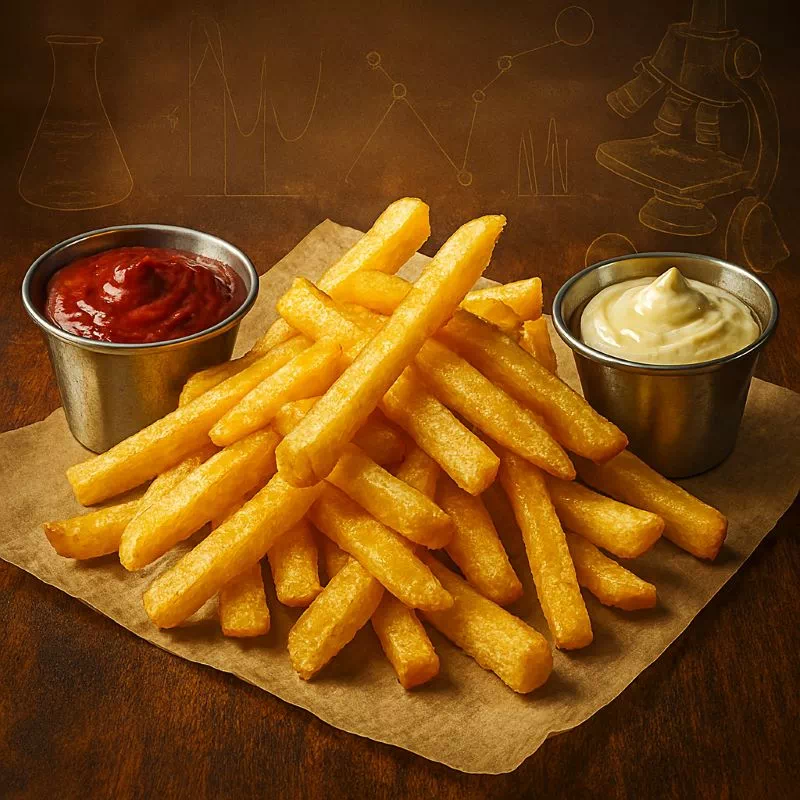 감자튀김 소스 더미와 양쪽에 놓인 붉은 케첩 및 흰색 마요네즈 소스를 과학적으로 분석하는 듯한 실사 이미