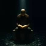 디지털 중독에서 벗어나 자아 통제력을 회복하고 고독 속에서 독서하는 초현실적 이미지.