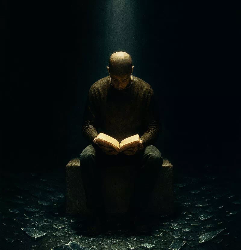 디지털 중독에서 벗어나 자아 통제력을 회복하고 고독 속에서 독서하는 초현실적 이미지.