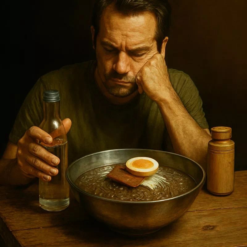 냉면에 식초 논쟁: 깊은 고민에 빠진 캐릭터가 식초병을 든 채 냉면 그릇을 바라보는 모습