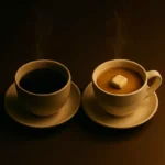 커피 설탕 vs 블랙커피 논쟁을 상징하는 두 잔의 커피와 쓴맛 수용체 유전자 다이어그램