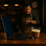 카페 공부 논쟁 상황을 상징하는 노트북과 커피 잔, 그리고 시계를 보는 카페 주인.