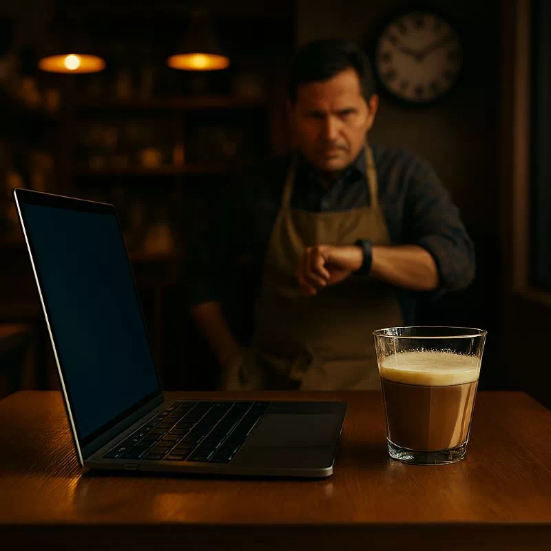 카페 공부 논쟁 상황을 상징하는 노트북과 커피 잔, 그리고 시계를 보는 카페 주인.