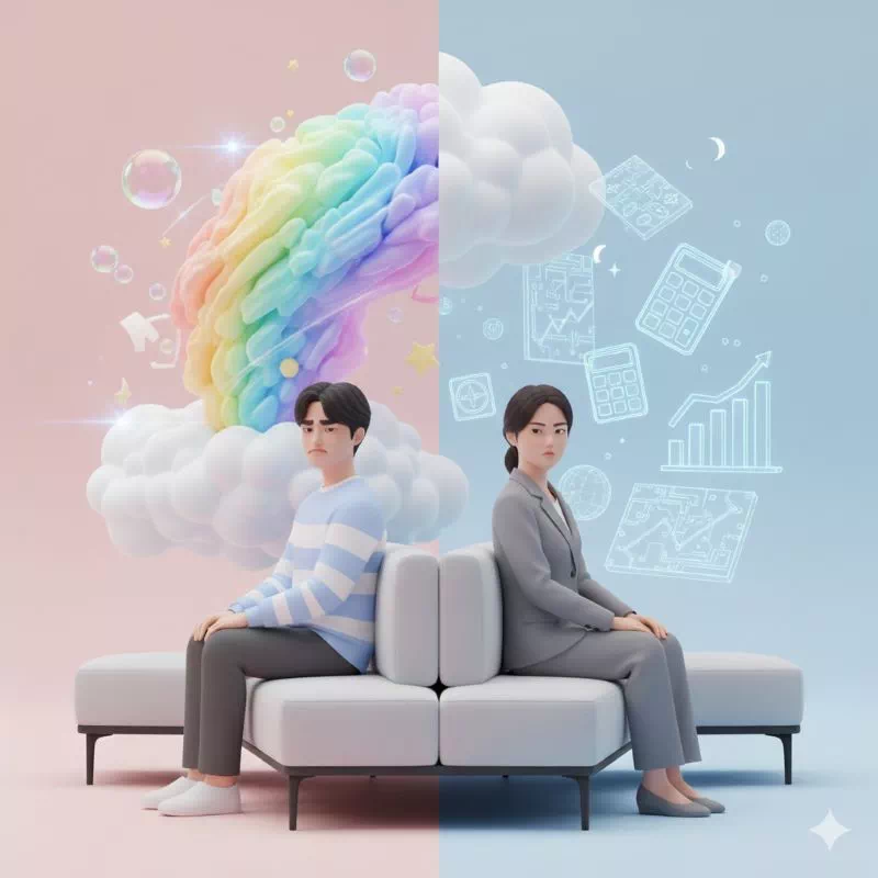 연인의 퇴사 갈등으로 갈등하는 안정파와 도전파 커플의 모습