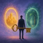 만약 복권 당첨 된다면? 100억이 바꾸는 인생 시나리오 3가지 만약 복권 당첨되었을 때의 선택을 상징하는 초현실적인 상상 실험 이미지