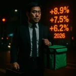 직장인 부업 고민을 하며 한 손에는 서류 가방, 한 손에는 배달가방을 들고 있는 이미지,