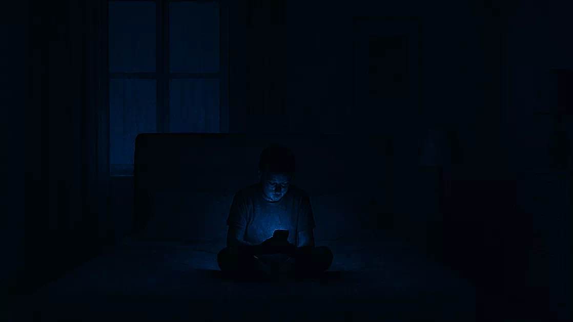 연락 고민 문제로 밤잠을 설치며 스마트폰 답장을 기다리는 고독한 실루엣