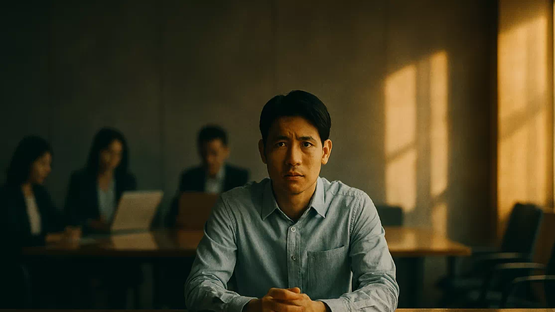 회의 발언 의견을 낼지 고민하며 망설이는 직장인의 모습