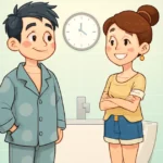 아침 샤워 밤 샤워 습관 차이로 고민하는 부부의 상징적 모습