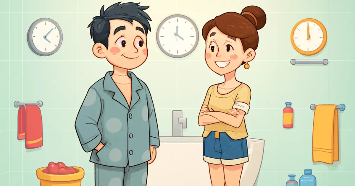 아침 샤워 밤 샤워 습관 차이로 고민하는 부부의 상징적 모습