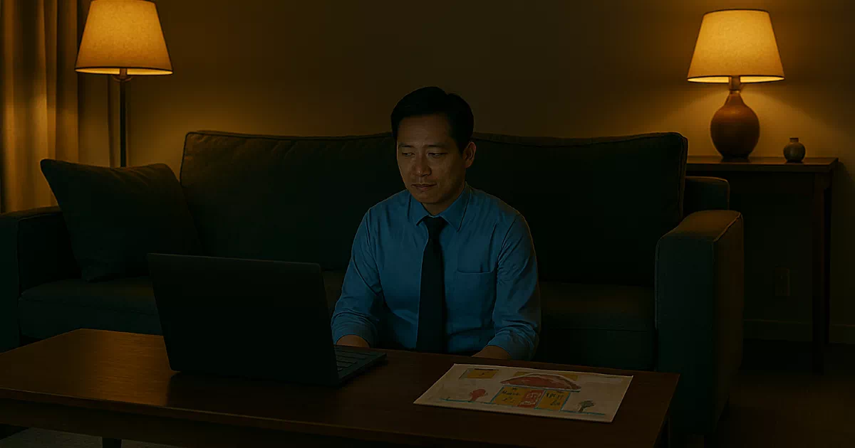 일과 가정 양립 고민 속에서 노트북과 아이 그림 사이에 앉아 있는 직장인 모습