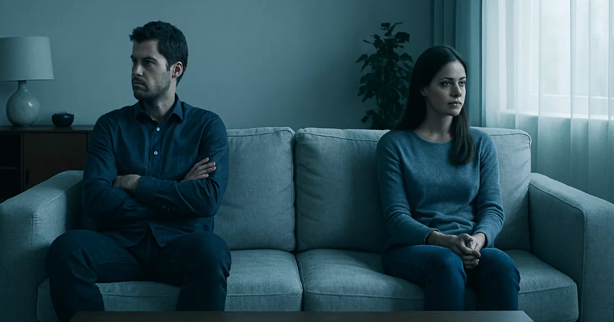 침묵하는 사람 심리로 갈등 상황에 놓인 부부가 서로 등을 돌리고 앉아 있는 장면